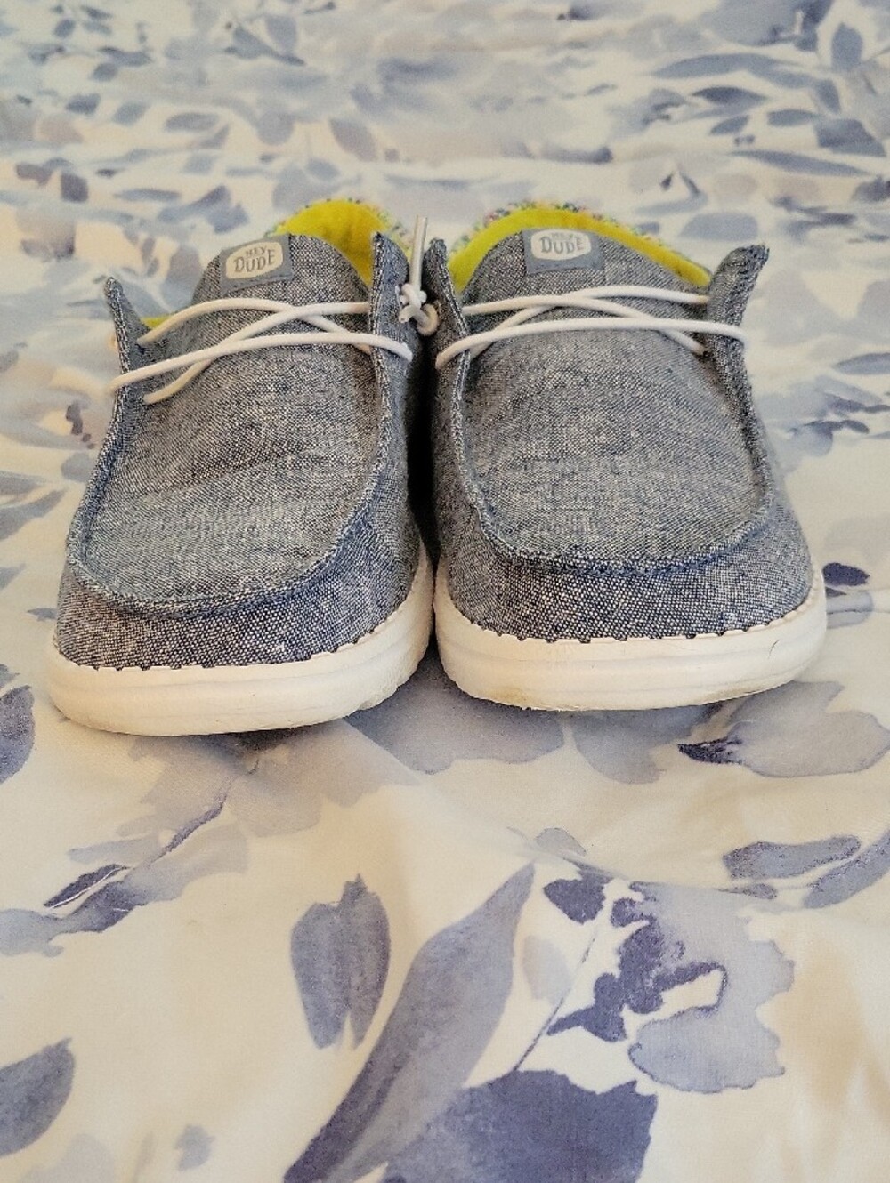 Hey Dude Gray Linen-Style Slip-Ons with Yellow Insole and Multicolor Heel - Picture 5 of 5